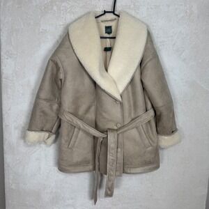 Serpa Lined Faux Shearling Belted Coat Cozy Teddy WInter Jacket Beige Size L NWT